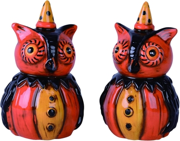 Johanna Parker Designs Owl Salt & Pepper Shaker Set, Johanna Parker for Transpac, Vintage Halloween Style Collectible Salt and Pepper Shaker Set