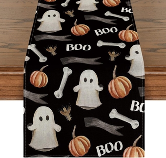 Watercolor Ghost Pumpkins Bone Boo Table Runner Black, Seasonal Fall Spooky Halloween Holiday Kitchen Dining Table Decoration for Indoor Outdoor Home Party Decor 13 x 72 Inch