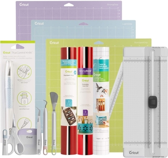 Essentials Bundle for  Machine - Everyday Iron On Vinyl Sampler, Premium Removable Vinyl Sampler, Transfer Tape, True Control Knife, Cutting Mat (3), Basic Tool Set, Portable Trimmer