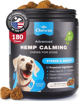 Hemp Calming Chews for Dogs Anxiety - 180 Duck Flavor Treats for Dog Calming with Valerian Root, Chamomile Extract & L-Theanine - Dog Chews for Vet Visits, Travel, Thunderstorms, Nail Trimming