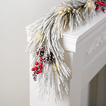 Christmas Garland with Lights, 6FT White Snowflake Garland Decorations with Red Berries Pine Cones, Lighted Christmas Garland for Home Winter Fireplace Door Stairs Decorations