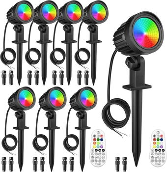 MEIHUA 15W Low Voltage Landscape Lights Color Changing LED Spotlight Outdoor IP66 Waterproof Remote Control 12V 24V RGB Landscape Lighting for Garden Path Yard Christmas, 8 Pack with Connectors