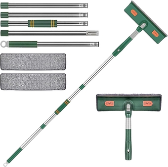 Squeegee Window Cleaner 2 in 1 Rotatable Window Cleaning Tool Kit with Extension Pole, 28 to 89 inch Telescopic Window Washing Equipment Scrubber for Home Car Glass Floor Supplies (Green)