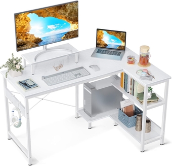 40 Inch Small L Shaped Computer Desk with Reversible Storage Shelves, L-Shaped Corner Desk with Monitor Stand for Small Space, Modern Simple Writing Table for Home Office Workstation, White