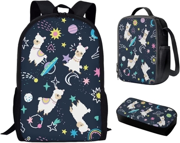 Alpaca Kids Cute Backpack and Lunch Box Set Planet Space School Bag with Lunch Bag for Boys Children Large Capacity Daypack for Hiking Outdoor Satchel