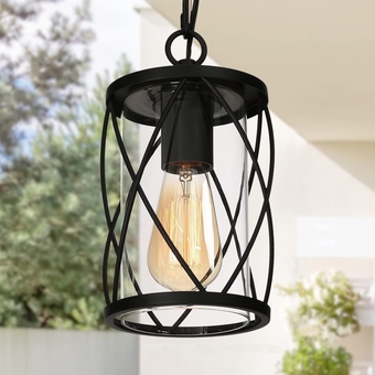 Outdoor Pendant Light for Porch, Black Outdoor Pendant Lights Farmhouse Exterior Hanging Light Fixture with Metal Cage Clear Glass Shade