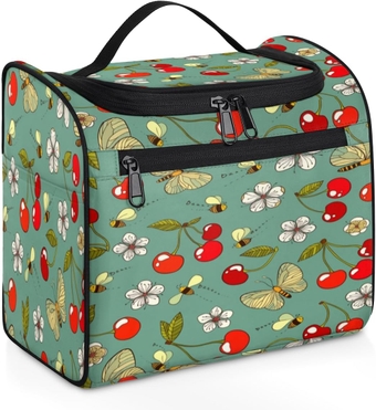 Butterfly Bee Cherry Flower Travel Makeup Bags for Women Men, Water-resistant Hanging Toiletry Organizer wtih Metal Hook for Bathroom Toiletries, Portable Cosmetic Bag with Multiple Compartments