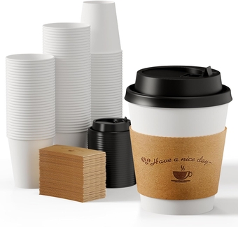 100 Pack Disposable Coffee Cups with Lids and Kraft Sleeves, 10 oz White Coffee Cups, Paper coffee Cups for Hot Drinks