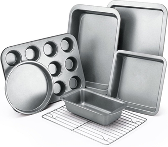 Baking Pans Sets, Nonstick Bakeware Set 7-Piece with Round/Square Cake Pan, Loaf Pan, Muffin Pan, Cookie Sheet, Roast Pan, Cooling Rack, Carbon Steel Bake Set,Silver