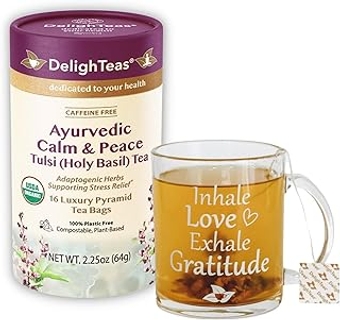 Organic Tulsi Holy Basil Tea with Inspirational Tea Mug | Eco-Conscious Pyramid Tea Bags | Ayurvedic, USDA Orga...