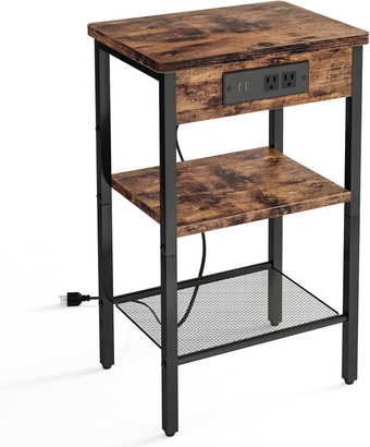 Side Table, Night Stand with Charging Station, 3-Tier End Table with Storage Shelf, Side Table for Living Room, Bedroom, Rustic Brown and Black