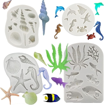 4PCS Marine Theme Fondant Silicone Mold Seaweed Sea Fish Crab Coral Conch Sea Shells Shape DIY Handmade Baking Tools, For Theme Cake Cookie Chocolate Candy Decoration Fondant Polymer Clay