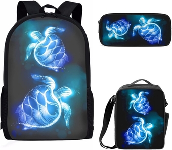 Kids Backpack 3 Pieces,Blue Sea Turtle Pattern Soft Polyester Canvas Schoolbag with Thermal Insulted Lunch Bag and Pencil Box for Boys Girls Rucksack