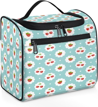 Cherry Sky Blue Travel Makeup Bags for Women Men, Water-resistant Hanging Toiletry Organizer wtih Metal Hook for Bathroom Toiletries, Portable Cosmetic Bag with Multiple Compartments