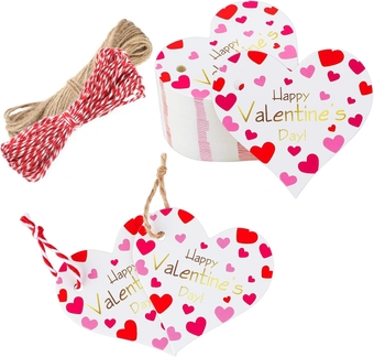 100Pcs Valentine's Day Gift Tags with String, Heart Happy Valentine's Day Paper Hangtags, Personalized Gift Tags for Gift Wrapping, Valentine's Day Party and Celebrations Decorations(2.36")