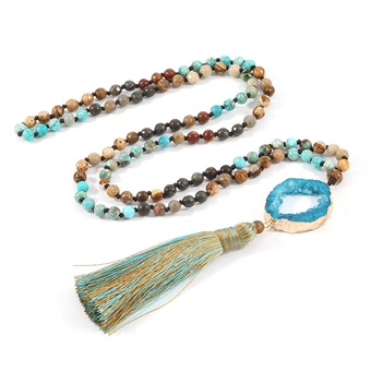 108 Mala Beads Necklace Long Mala Prayer Necklaces Semi-Precious Natural Gemstones Healing Calming Necklace (African Turquoise)