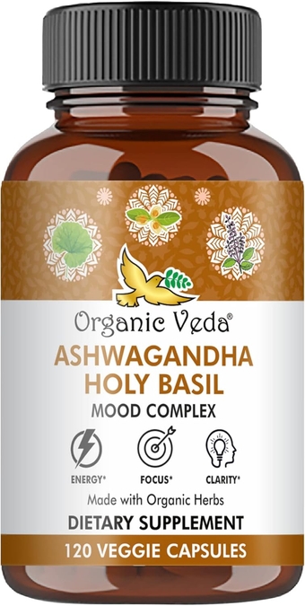Aswagandha & Holy Basil Leaf Mood Complex Capsules for Immunity & Focus Support, Non-GMO, Vegan & Gluten-Free Herbal Supplement, 120 Capsules