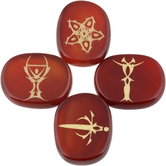 Engraved Tarot Symbol Stone Set of 4, Polished Flat Crystal Palm Stones Kit for Reiki Healing Balance and Meditation Divination, Red Agate