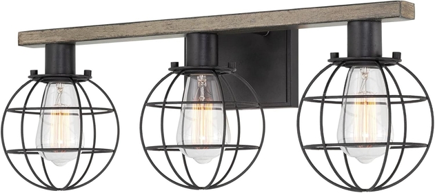 Nash 24" 3-Light Modern Farmhouse Vanity/Bathroom Light + Orb Cage Shades, Reclaimed Oak Wood Style + Textured Black Finish