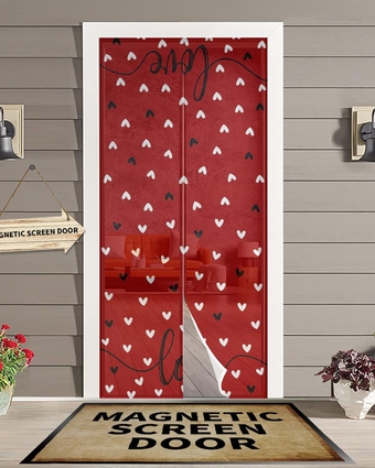 Screen Door 38"x83" Valentines Door Screen Magnetic Closure, Black White Love Heart Romantic Red Hands Free Magnetic Screen Door for Single/Sliding/Front Door