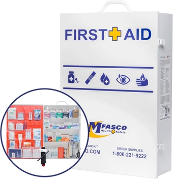 Workplace Metal First Aid Kit - 4 Shelf Wall Mount Cabinet with Medications - Commercial Grade OSHA Compliant First Aid Kit for Businesses - Large Metal First Aid Box for Office with Refill