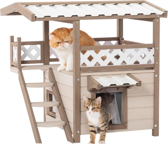 Cat Houses for Outdoor Cats, Outside Cat House Weatherproof Shelter w/Scratching Pad and Escape Door, 2 Story Wooden Outside Cat House with Balcony