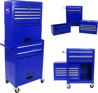 Rolling Tool Chest High Capacity Tool Storage 9 Drawers 3 in 1 Cabinets Mechanic Tool Cart with Auto Locking System Tool Box Organizer Lockable Wheels Detachable Top for Workshop (Blue)