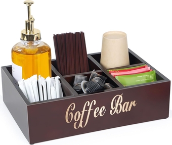 Coffee Station Organizer for Countertop, Wooden Coffee Bar Organizer with Removable Dividers, Farmhouse Coffee Pod Holder Basket for Cocoa Coffee Tea