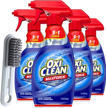 OxiClean Stain Remover Max Force - 12 FL OZ (Pack of 4) - laundry stain remover spray, spray and wash stain remover laundry + 1  Laundry Stain Brush