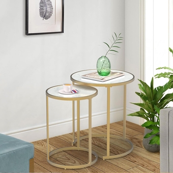 Wooden Round Nesting Tables Set of 2, Small Coffee Table White Nightstand Side End Tables for Living Room Bedroom, Gold