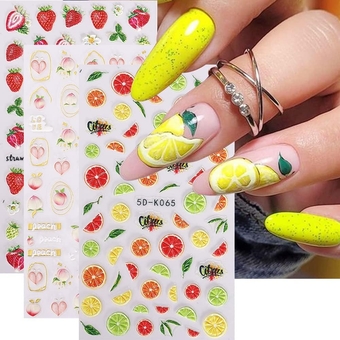 8 Sheets Summer Fruit Lemon Strawberry Cherry Peach Nail Embossed Art Stickers Decals for Kids Self Adhesive Design Manicure Tips Nail Decoration for Women Girls Gift