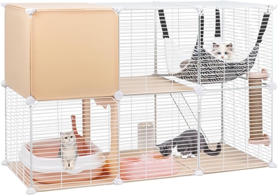 2-Tier Cat Cages Indoor, DIY Metal Wire Cat Kennel Enclosure Pet Home Small Animal House Detachable Cat Crate Indoor Catio with Cat Bed Hammock Scratcher Bowl Cat Litter Box Stairs