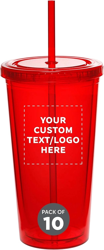 Custom Double Wall Acrylic Tumblers 20 oz. Set of 10, Personalized Bulk Pack - BPA Free, Perfect for Iced Coffee, Soda, Other Hot & Cold Beverages - Red