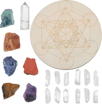 19 PCS Metatron's Cube Energy Chakra Crystal Grid, 7 Chakra Crystal Stones, 12 PCS Rock Quartz Bars, 1 PCS Archangel Mai Dachang Array Board Kits for Beginner