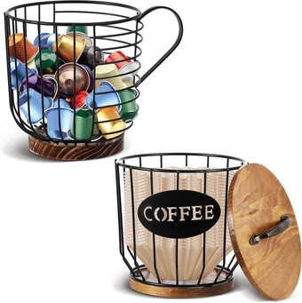 2 Pcs Coffee Pod Holder with Wooden Lid Large Capacity Black Wire Coffee Holder Storage Container Basket Coffee Bar Accessories Coffee Bar Decor Organizer for Countertop Kitchen