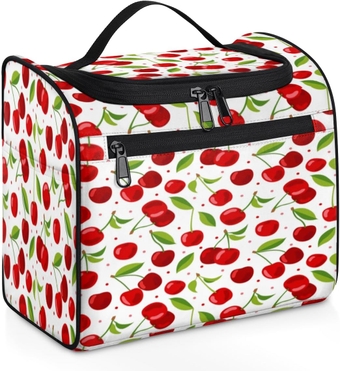 Ripe Cherry Fruit Travel Makeup Bags for Women Men, Water-resistant Hanging Toiletry Organizer wtih Metal Hook for Bathroom Toiletries, Portable Cosmetic Bag with Multiple Compartments