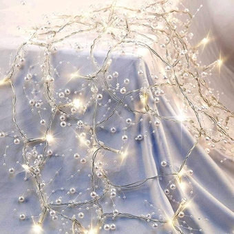 13FT Christmas White Pearl String Lights 40LED Lighted Berry Beaded Garland Festive Indoor Xmas Decoration Warm Lights for Bedroom Mantel Wedding Party Decor Battery Operated (White)