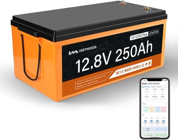 VESTWOODS 12V 250Ah 200A BMS, LiFePO4 Lithium Rechargeable Battery, Bluetooth Lithium Battery, 4500 Cycles, 3.2kWh, Low Temp Cut Off, IP65, Replacement for RV, Solar, Marine, Golf Cart
