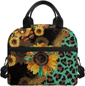Leopard Sunflowers Print Bento Box Bag for Kids 5-12 Years Portable Foldable Insulated Bags for Children Keep Warm Waterproof Lunch Boxes for Middle School