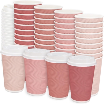 100Pcs Pink Disposable Coffee Cups with Lids 4 Gradient Pink Colors Paper Cups Corrugated Ripple Wall Insulated Hot Cups 16 oz To Go Hot Cold Cup for Drinks for Home Office Party Supplies