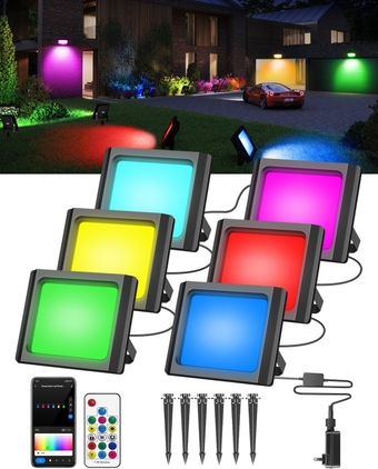 RGB Flood Light Outdoor, 60W Smart WiFi RGBW Color Changing Landscape Lights 2 in 1, P66 Pathway Lights Wired with App Control, 20 Scene Modes, Patio Lights, Garden Yards, 6 Pack