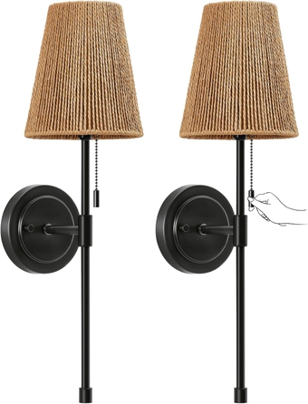 Wall Sconces Sets of 2, Retro Industrial Wall Lamps with Pull Chain, Bathroom Vanity Sconces Wall Lighting with Rattan Fabric Shade, Indoor Wall Lights for Bedroom Living Room Corridor Kitchen, Woven