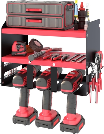 Tool Organizer Garage Storage Rack 3 Tiers Metal Hand Tool Shelf,Wall Mounted Drill Holder Utility Storage Rack For Workshop And Warehouse Organization, Gift For Man， Small Red