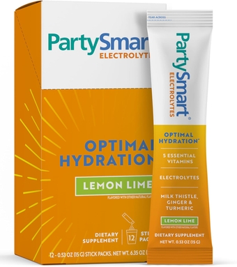 PartySmart Electrolytes, Supports Optimal Hydration, with Vitamins C, B12, B6 & Niacin, 3 Key Electrolytes, and Milk Thistle, Lemon Lime Flavor, 12 Count, 0.53 oz (15 g)