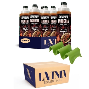 Taqueria 4-Pack of Salsa Roja Street Sauce Plastic Bottle 9.0 oz + 1 Plastic Taco Stand by Lavinia Essentials Brand