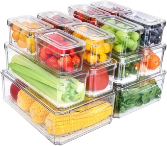 14 Pack Fridge Organizer with Lid, Stackable Refrigerator Organizer Bins, BPA-Free Fridge Organizers and Storage Clear, Fruit Storage Containers for Fridge, Kitchen, Food, Produce, Vegetable