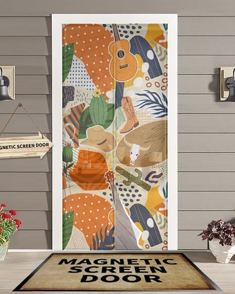 Screen Door 38"x83" Western Cowboy Door Screen Magnetic Closure, Modern Botanical Abstract Geometric Hands Free Magnetic Screen Door for Single/Sliding/Front Door