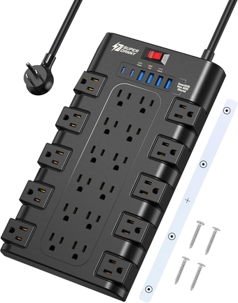 Surge Protector Power Strip,  Charging Station 22 Outlets with 45W Type-C Fast Charging USB Ports, 4 USB-A, 2 USB-C, 2100J, 15A/1875W, 6.5Ft Flat Plug Extension Cord for Home Streaming Black