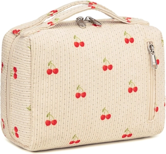Makeup Bag Zipper Pouch Travel Portable Cosmetic Bag Organizer for Women and Girls(Cherry Corduroy beige)