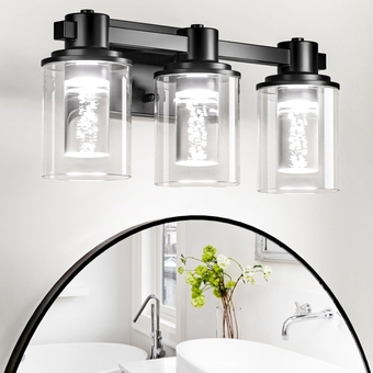 Bathroom Light Fixtures 3-Light, Matte Black Modern Bathroom Vanity Light, Bathroom Lighting Fixtures Over Mirror with Glass Shade, Bathroom Wall Lights Lamp (5 CCT, Dimmable, Bulbs Included)